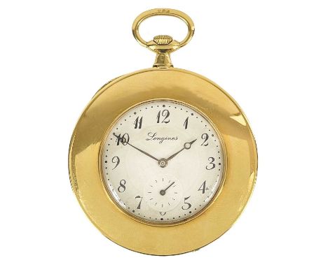 A Longines 18ct Art Deco crown wind slim dress pocket watch. The 29mm signed silvered dial with black Arabic numerals and sub