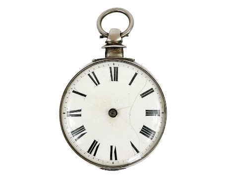 A 19th-century silver fusee key wind pocket watch for spares or repairs. With 46mm white enamel dial, the movement numbered 1