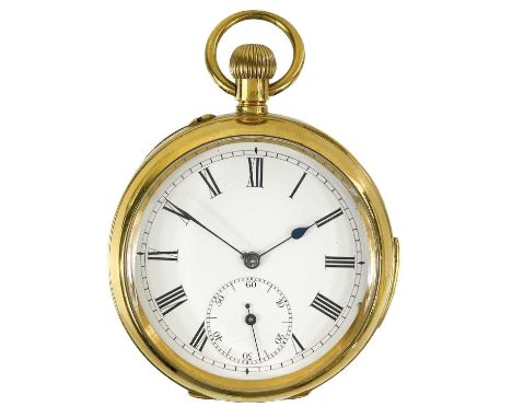 A gold-plated quarter repeating crown wind pocket watch. The 42mm white enamel dial with black Roman numerals with subsidiary