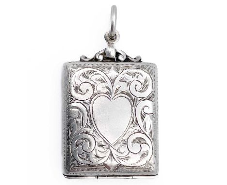 An Edwardian silver stamp case fob by Sydney & Co.  Foliate scroll engraved and with heart shaped vacant cartouche, Birmingha