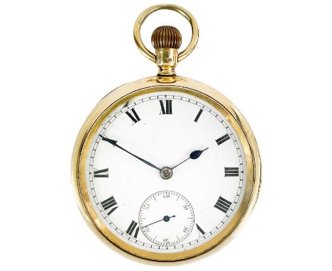 An 18ct gold cased crown wind lever pocket watch. The unsigned three quarter plate numbered 65538, the white enamel 42mm dial