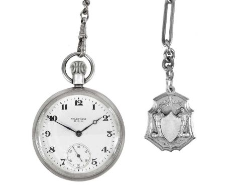 A Swiss 935 silver cased key wind lever pocket watch with Albert watch chain and fob. The unsigned 42mm white enamel dial wit