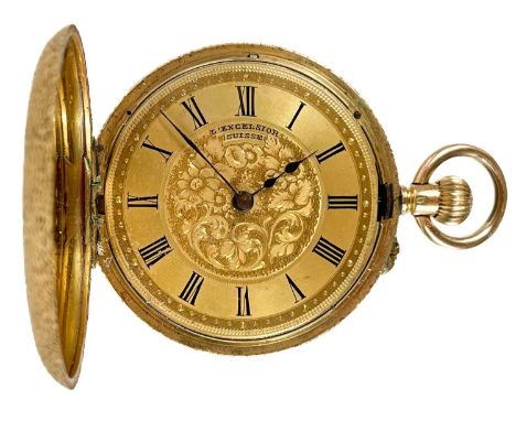 A Swiss 18ct gold cased crown wind cylinder fob pocket watch. The movement numbered 175, the gilt engraved dial signed EXCELS