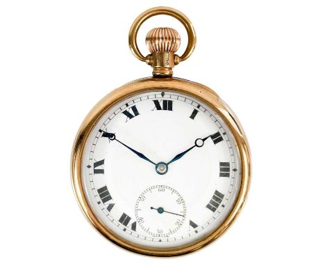A Swiss 9ct rose gold cased crown wind cylinder pocket watch.  With unsigned 15 jewel movement, the 38mm white enamel dial wi