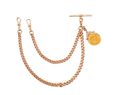 A good 9ct hallmarked rose gold double Albert watch chain with 1912 full sovereign coin fob. Maker J.G &amp; S, Birmingham ha