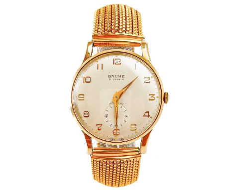 A Baume 1960s 9ct gold-cased gentleman's manual wind wristwatch. The signed silvered 30mm dial with gilt Arabic numerals and 