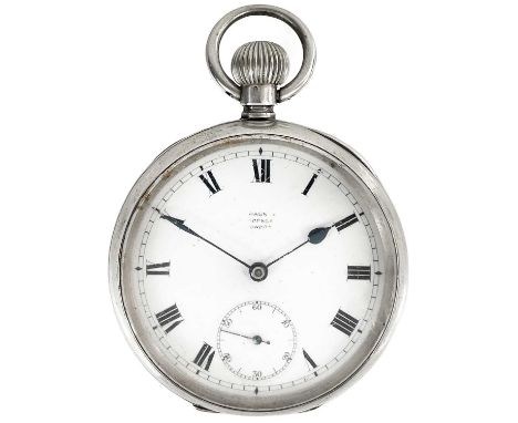 An Omega silver cased crown wind open face lever pocket watch. The 42mm white enamel dial with faint retailers mark, Roman nu