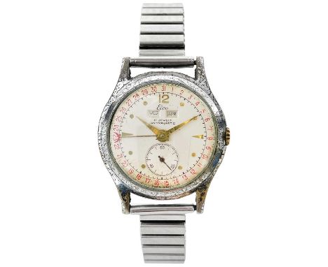 An Elco 1940's gentleman's chrome plated manual wind triple calendar wristwatch. The signed 27mm silvered dial with day/date 