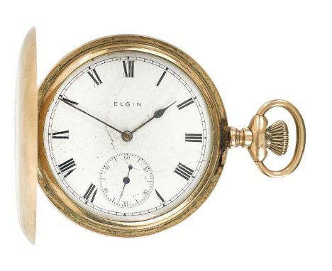 An Elgin gold plated full hunter crown wind lever pocket watch. The signed 40mm white enamel dial with Roman numerals and sub
