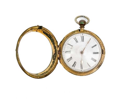 An 18th-century gilt metal pair case pocket watch with horn outer case. The 40mm white enamel dial with black Roman numerals,
