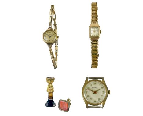 Two 9ct gold-cased lady's manual wind wristwatches. Together with an Ingersoll gentleman's manual wind wristwatch, a small 19
