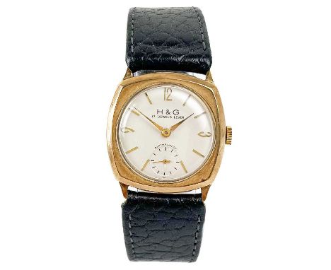 A 1960's 9ct gold-cased gentleman's manual wind wristwatch signed H&G. The signed 23mm white dial with gilt 3, 9, 12 Arabic n