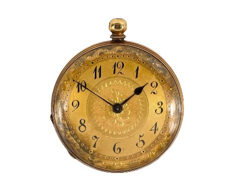 A Swiss 18ct gold cased key wind fob pocket watch. The 38mm gilt dial with black Arabic numerals, the cylinder movement signe