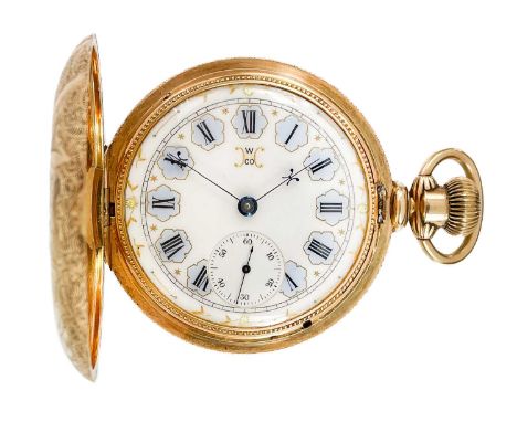 A Hampden Watch Company 14ct gold cased full hunter crown wind lever pocket watch. The 17 jewel movement with engraved plate 