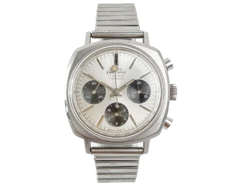 A Swiss Emperor gentleman's stainless steel manual wind chronograph wristwatch. Circa 1970, with "Reverse Panda" 30mm silver 