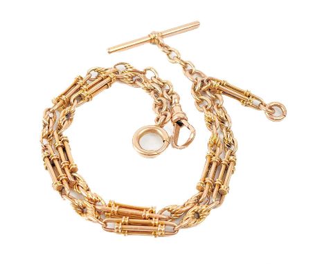 A good 15ct rose gold fancy link double Albert watch chain. The T-bar with maker K &amp; M and further stamped 15c, the clip 
