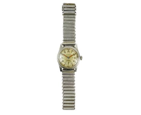 A Cyma WWII gentleman's manual wind military stainless steel wristwatch.  The signed 22mm silvered dial with luminous Arabic 