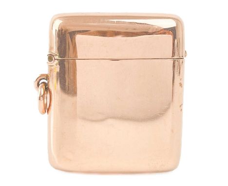 A Victorian 9ct rose gold fob vesta case by Henry Matthews. Of plain form, length 43mm, Birmingham 1876, 17.3g.Two small dent