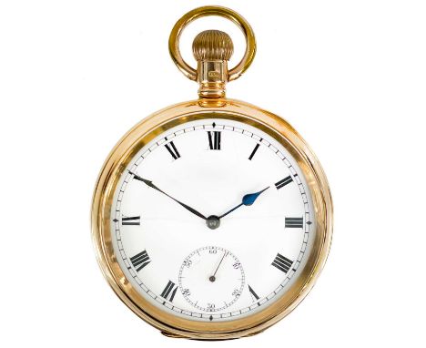 An Omega 15ct rose gold crown wind lever pocket watch. The movement signed OMEGA, the white enamel 42mm dial with black Roman