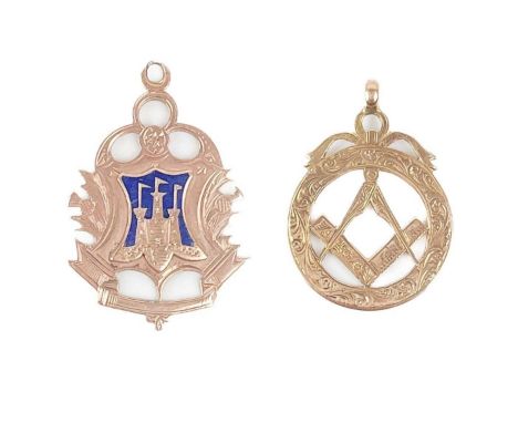Two 9ct rose gold fobs.  One is Masonic, the other a shield fob with blue enamel, the back stamped 9ct DUNCAN EDINBURGH, 6.86