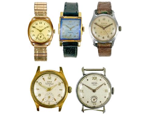 A selection of five gentleman's manual wind wristwatches. Including an Oris, Meda, Belmontre, Limit III and Wittnauer.All cur