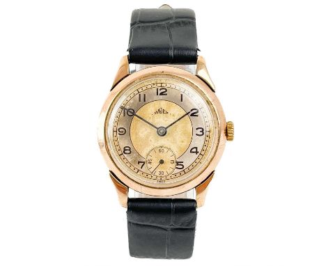 A 1940's 9ct gold-cased gentleman's manual wind wristwatch signed MAJEX. The signed 25mm silvered dial with chapter ring and 