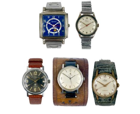 A selection of five gentleman's mechanical wristwatches.  Including an Ingersoll day/date chronograph ref. IN32074, an automa