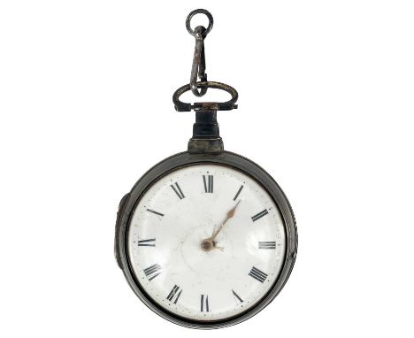 A George III silver pair cased fusee pocket watch in need of repair. The 45mm white enamel dial with black Roman numerals, th