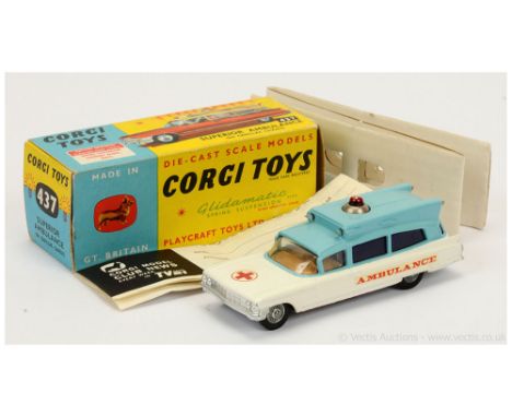 Corgi 437 Superior "Ambulance" - two-tone white, blue, brown interior, dark blue tinted windows, cast hubs, red battery-opera
