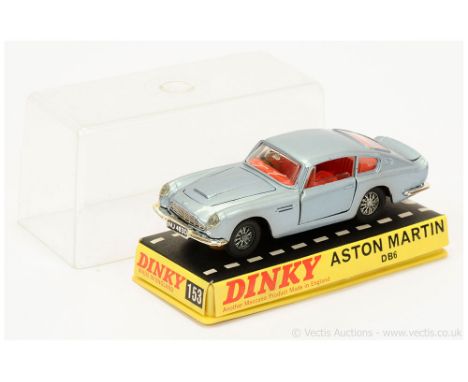 Dinky 153 Aston Martin DB6 Sports Car - metallic steele blue, red interior, chrome bumpers, cast wire wheels - Near Mint in a