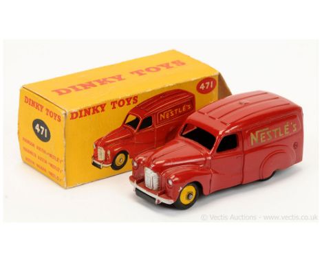 Dinky 471 Austin "Nestle's" Van - red body, silver trim, yellow ridged hubs with smooth tyres - Excellent (does have some sma