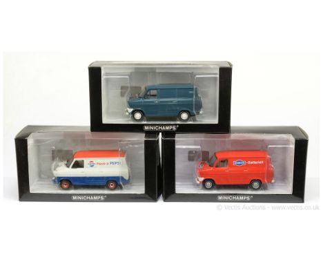 Minichamps (1/43 Scale) Ford Transit Vans - a group (1) bluish-grey - 1965 (Ltd 2208); (2) "Have A Pepsi" - white, red, blue 