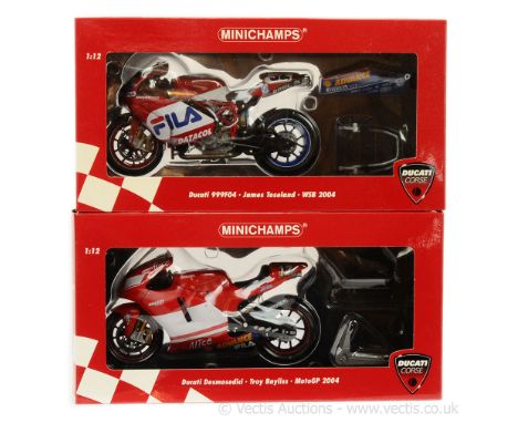 Minichamps (1/12 Scale) - a pair (1) 122040012 Ducati "Troy Bayliss" - "Ducati Moto GP Team 2004" and (2) 122040252 Ducati "J