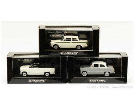 Minichamps (1/43 Scale) group of Ford Models (1) Lotus Cortina (Mark 1) - white, green side flashes - (Ltd 3024); (2) Taunus 