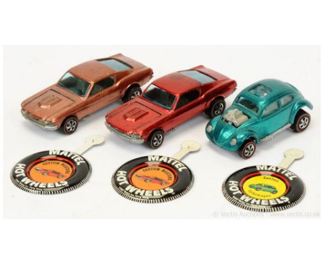 Hot Wheels (Mattel) Redline - group of three (1) 6206 Custom Mustang - metallic red; (2) another but metallic brown and (3) 6