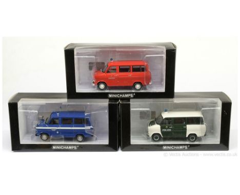 Minichamps (1/43 Scale) a group of Ford Transit Vans (1) "Feuerwehr" - red (minibus), blue roof light (Ltd 1344); (2) same as