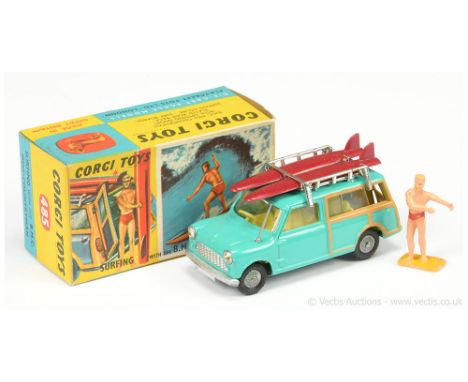 Corgi 485 BMC Mini Countryman "Surfing" - turquoise, yellow interior, chrome rack with 2 x maroon surfboards and figure, cast