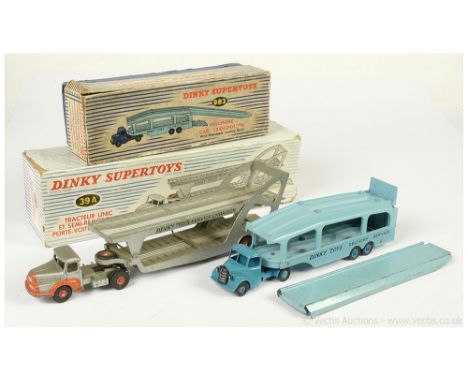 Dinky 982 Bedford Pullmore Car Transporter - mid-blue cab and ridged hubs with treaded tyres, light blue trailer with "Dinky 