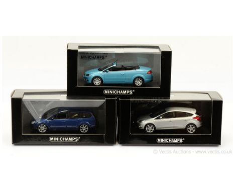 Minichamps (1/43 Scale) a group of Ford Focus Models (1) Coupe Cabriolet - light blue (Ltd 1008); (2) Turnier (2006) - BLUE (