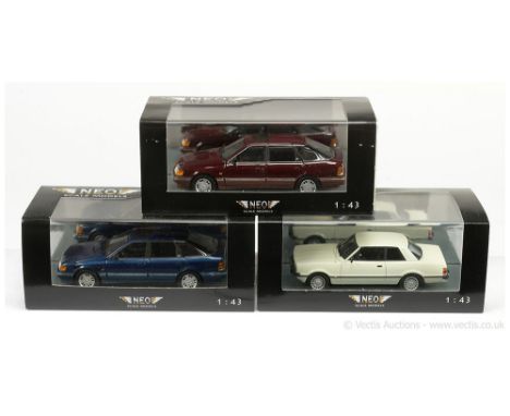 Neo Scale Models (1/43 Scale) a group of Ford models to include 43337 Scorpio (Mark 1) - maroon; another but 40005 - metallic