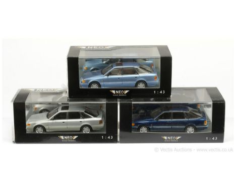 Neo Scale Models (1/43 Scale) a group of Ford Scorpio (Mark 1) models to include 43336 - silver; 43335 - blue and 45801 - lig
