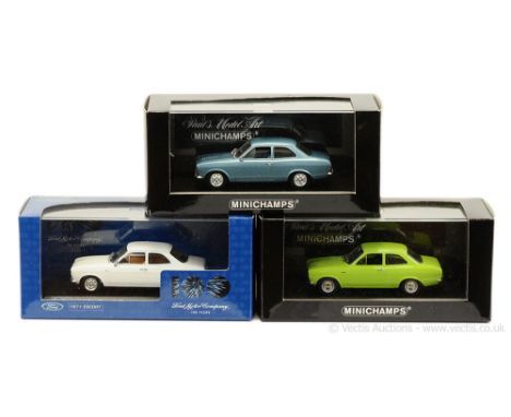 Minichamps (1/43 Scale) Ford Escort (Mark 1) group to include (1) L metallic blue, chrome trim (Ltd 2006); (2) white, tan int