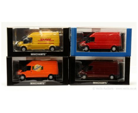 Minichamps (1/43 Scale) Ford Transit Van group to include (1) metallic maroon (Ltd 1111); (2) red; (3) "DHL" - yellow, red (L