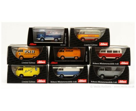 Schuco (1/43 Scale) a group of Ford Taunus/Transit Vans/Pick-Ups and Minibuses to include FK1000 - blue, white with motorcycl