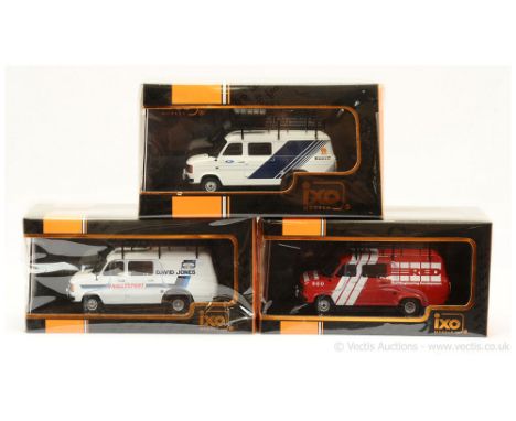 Ixo Models (1/43 Scale) a group of Ford Transit Vans to include RAC218X (Mark 2) "Red Rally Engineering Development" - red, w