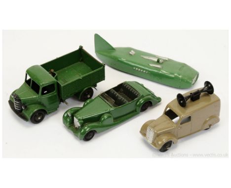 Dinky 23s Streamlined Racer/Record Car - green, silver including flashes, black ridged hubs; 38c Lagonda - green, dark green 