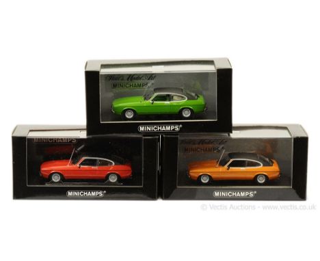 Minichamps (1/43 Scale) Ford Capri (Mark 2) group to include (1) green including interior, black hood (Ltd 2016); (2) orange,