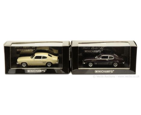 Minichamps (1/43 Scale) Ford Capri (Mark 1) - a pair (1) cream, black interior (Ltd 1344) and (2) purple including interior (