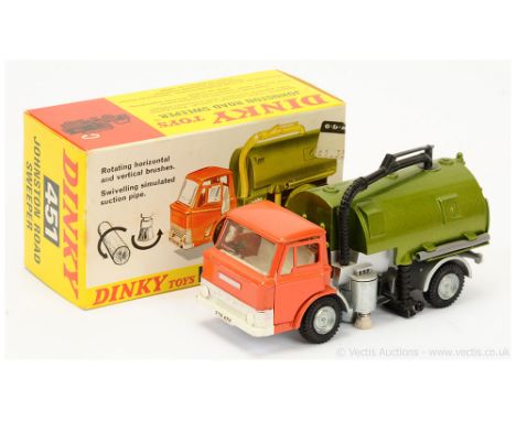 Dinky 451 Ford (Johnston) Road Sweeper - orange cab, silver and green back, white interior, front bumper and surround, cast h