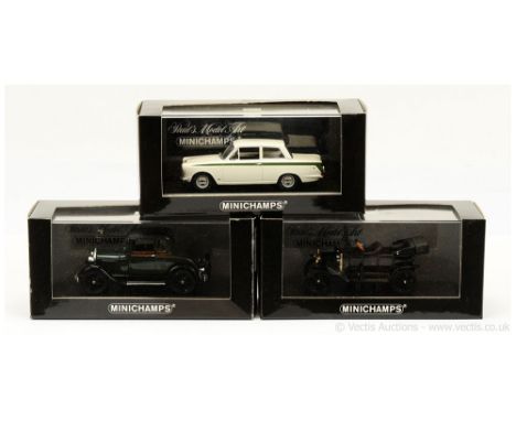 Minichamps (1/43 Scale) a group of Ford Models to include (1) Lotus Cortina (Mark 1) - white, green side flashes (Ltd 3024); 